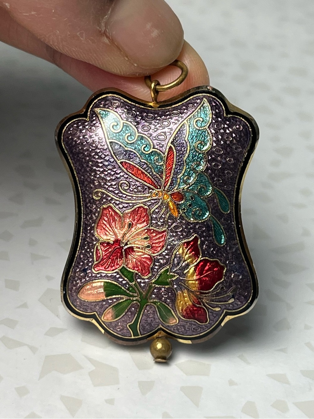 Vintage Purple Cloisonne Butterfly Floral Pendant